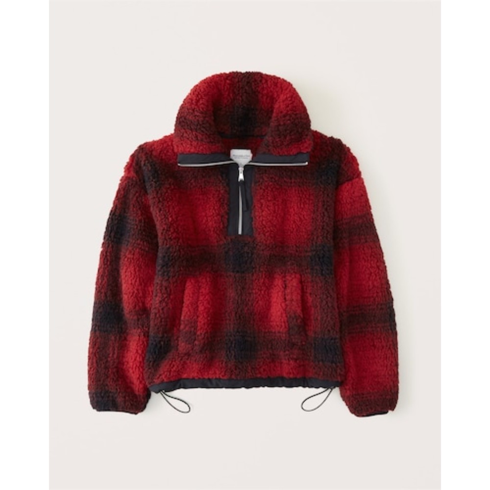 NWT Abercrombie & Fitch Cinched Cocoon Sherpa Half-Zip, Red/Black Plaid, Size L